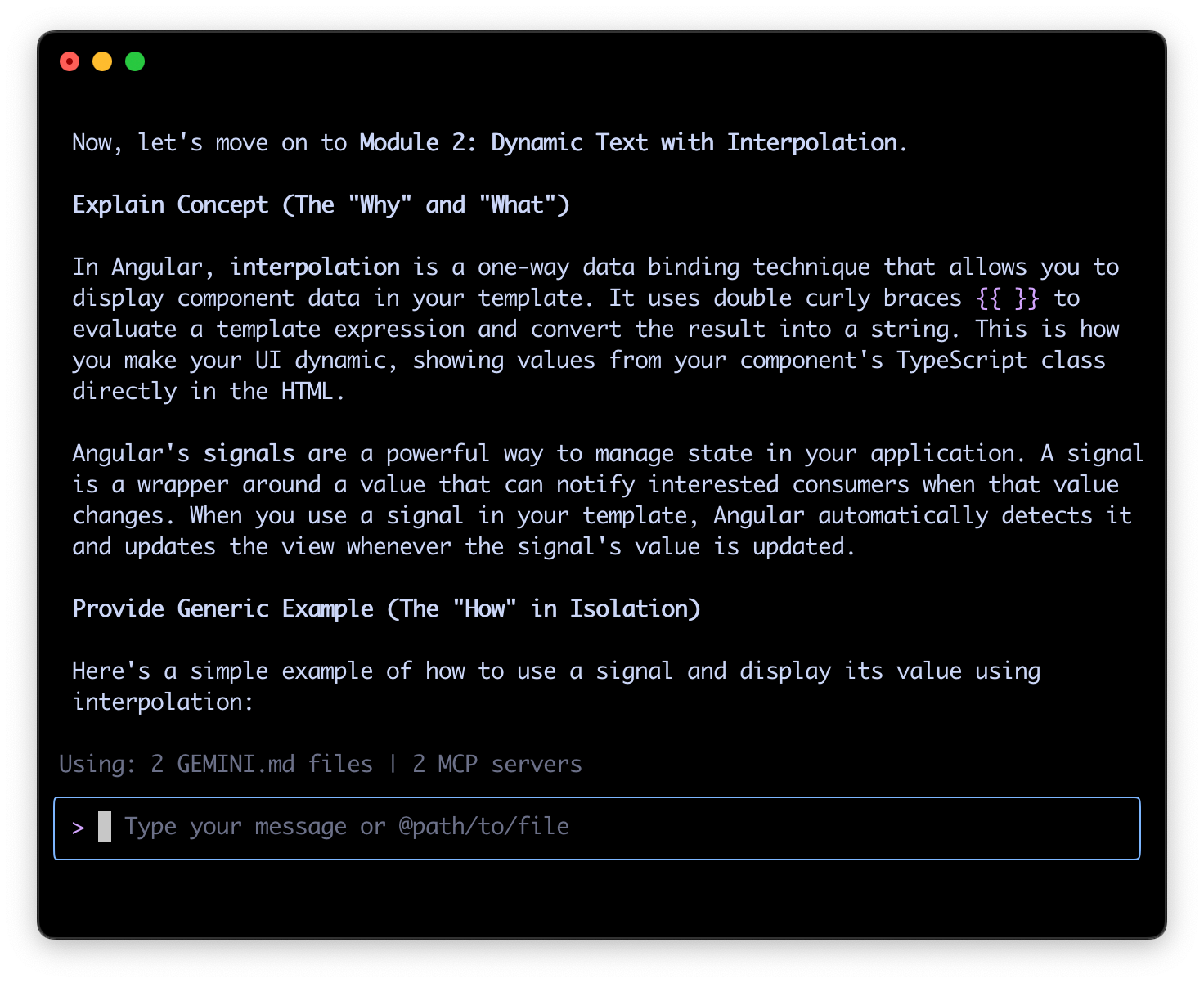 Скриншот Angular AI Tutor с кратким объяснением концепции.