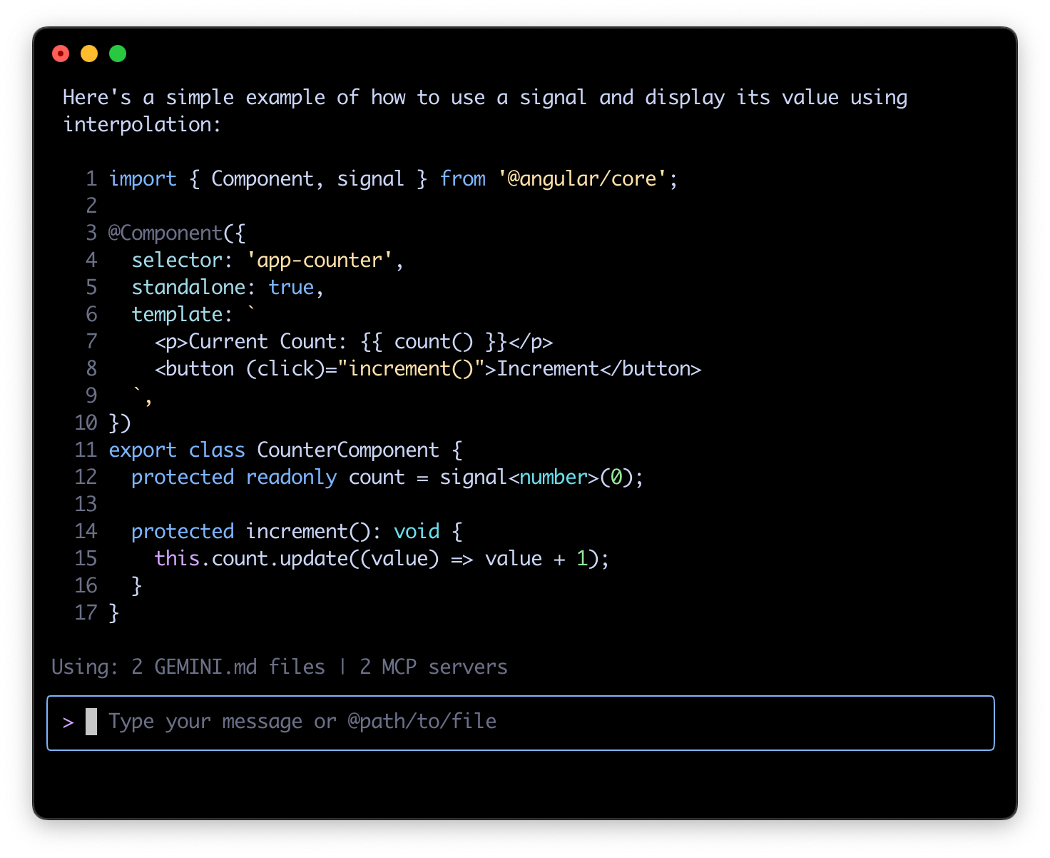 Скриншот Angular AI Tutor с примером кода.