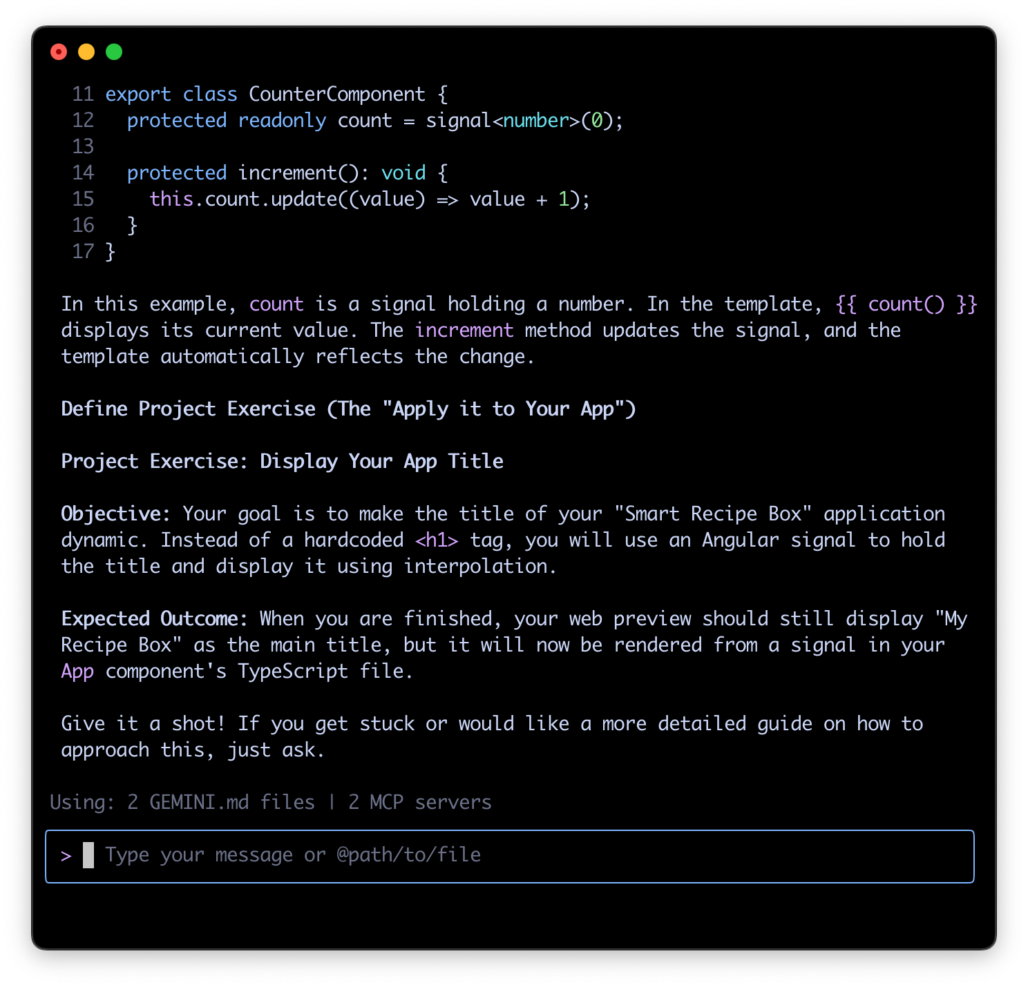 Скриншот Angular AI Tutor с упражнением.