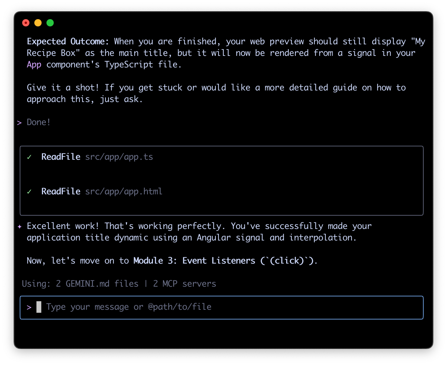 Скриншот Angular AI Tutor, проверяющего работу пользователя.