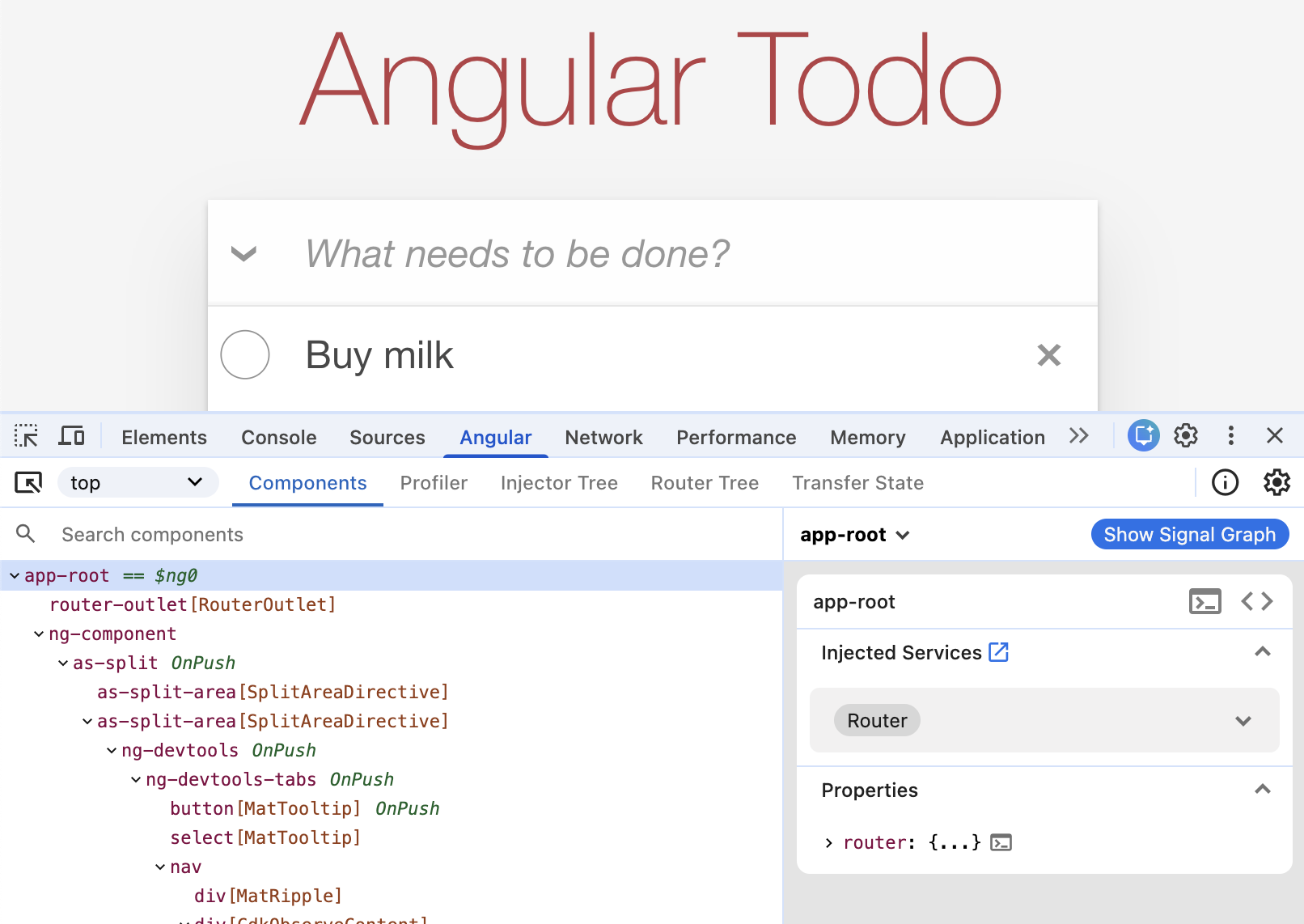Обзор Angular DevTools с деревом компонентов приложения.