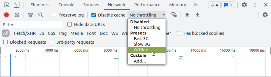 Опция offline выбрана на вкладке Network