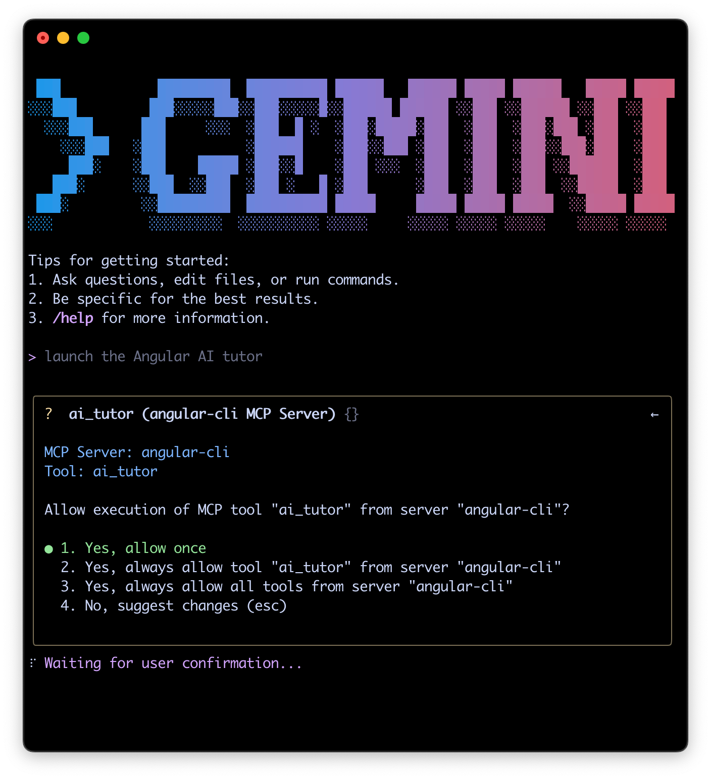 Скриншот, демонстрирующий запуск Angular AI Tutor в Gemini CLI.